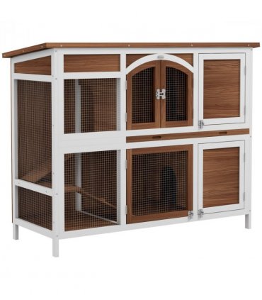 PawHut Two-Tier Wooden Rabbit Hutch w/ Openable Roof, Slide-Out Tray, Ramp