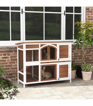 PawHut Two-Tier Wooden Rabbit Hutch w/ Openable Roof, Slide-Out Tray, Ramp