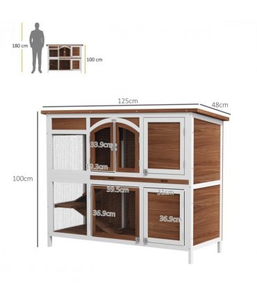 PawHut Two-Tier Wooden Rabbit Hutch w/ Openable Roof, Slide-Out Tray, Ramp