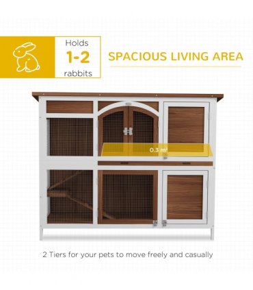 PawHut Two-Tier Wooden Rabbit Hutch w/ Openable Roof, Slide-Out Tray, Ramp