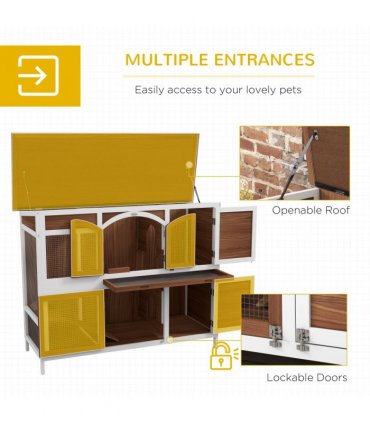 PawHut Two-Tier Wooden Rabbit Hutch w/ Openable Roof, Slide-Out Tray, Ramp