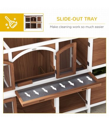 PawHut Two-Tier Wooden Rabbit Hutch w/ Openable Roof, Slide-Out Tray, Ramp