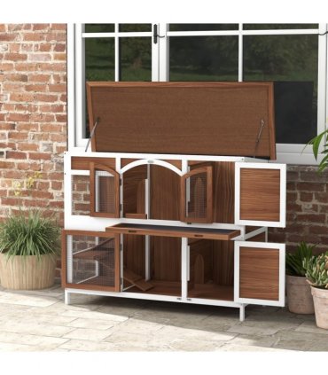 PawHut Two-Tier Wooden Rabbit Hutch w/ Openable Roof, Slide-Out Tray, Ramp