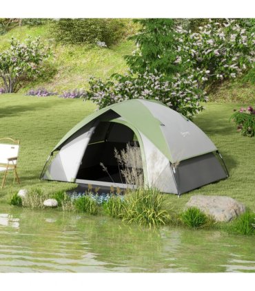Camping Tent Grey and Green Fabric Shell 270L x 210W x 150Hcm 4-5 Man Waterproof