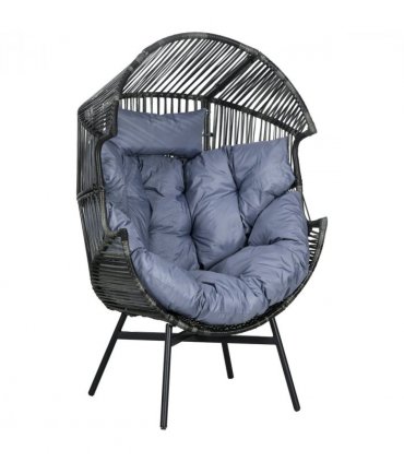 Outsunny Rattan Leisure Chair with Cushion, Garden Egg Chair with Headrest, Grey