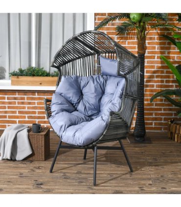 Outsunny Rattan Leisure Chair with Cushion, Garden Egg Chair with Headrest, Grey