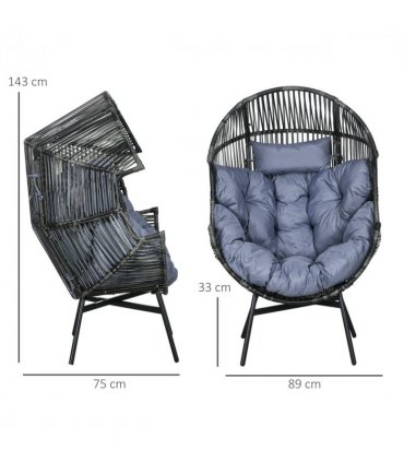 Outsunny Rattan Leisure Chair with Cushion, Garden Egg Chair with Headrest, Grey