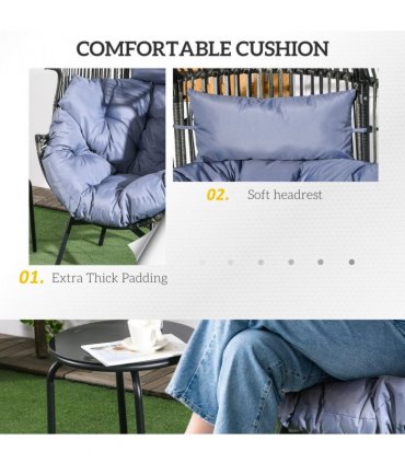 Outsunny Rattan Leisure Chair with Cushion, Garden Egg Chair with Headrest, Grey