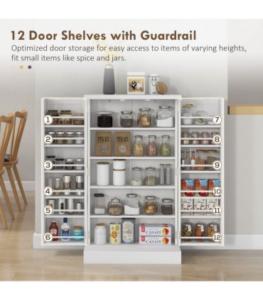 HOMCOM Kitchen Cupboard with Double Doors, 5-Tier Shelf, 12 Spice Racks, White