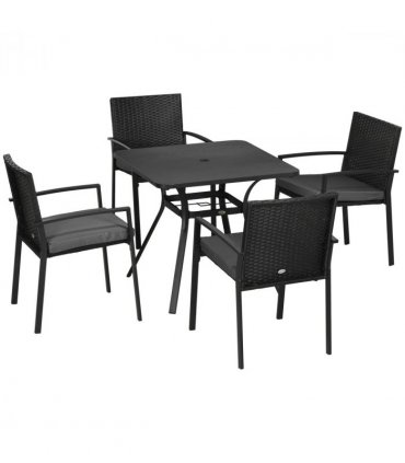 Outsunny 4 Seater Rattan Garden Dining Set Outdoor with Umbrella Hole - Black