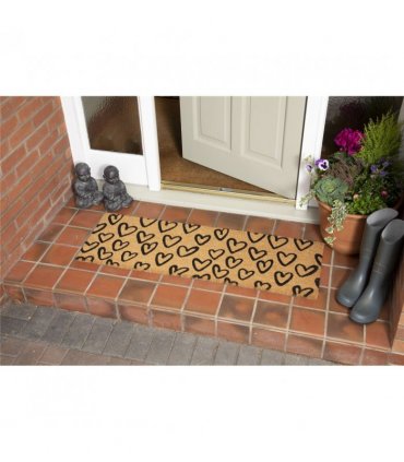 Astley Printed Hand Drawn Hearts PVC Backed Coir 40x120cm Natural Doormat