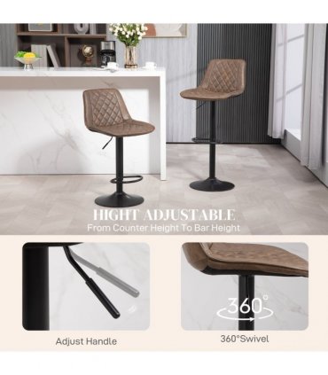 HOMCOM Bar Stools Set of 2, Adjustable Bar Chairs 360° Swivel for Kitchen Brown
