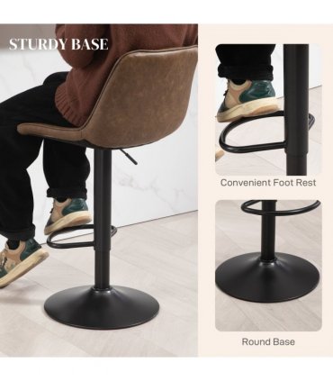 HOMCOM Bar Stools Set of 2, Adjustable Bar Chairs 360° Swivel for Kitchen Brown