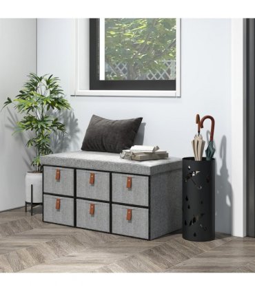 HOMCOM Shoe Bench with Cushioned Seat, 6 Fabric Drawers for Entryway Hallway