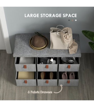 HOMCOM Shoe Bench with Cushioned Seat, 6 Fabric Drawers for Entryway Hallway