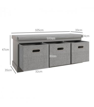 HOMCOM Shoe Bench with Cushioned Seat, 3 Fabric Drawers for Entryway Hallway