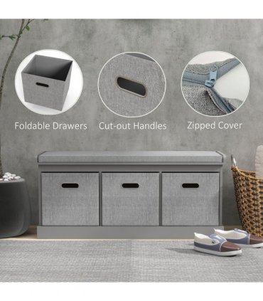 HOMCOM Shoe Bench with Cushioned Seat, 3 Fabric Drawers for Entryway Hallway