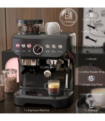 Espresso Coffee Machine w/ Integrated Bean Grinder & Steam Wand 15 Bar Pressure