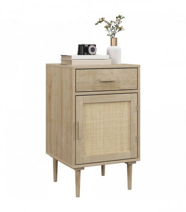 HOMCOM Bedside Table with Rattan Drawer, Cabinet and Adjustable Shelf, Natural