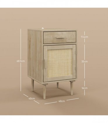 HOMCOM Bedside Table with Rattan Drawer, Cabinet and Adjustable Shelf, Natural