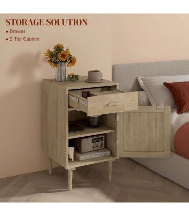 HOMCOM Bedside Table with Rattan Drawer, Cabinet and Adjustable Shelf, Natural