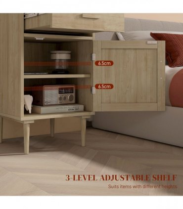HOMCOM Bedside Table with Rattan Drawer, Cabinet and Adjustable Shelf, Natural