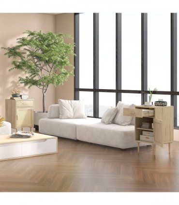 HOMCOM Bedside Table with Rattan Drawer, Cabinet and Adjustable Shelf, Natural