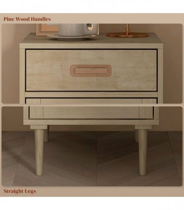 HOMCOM Bedside Table with Rattan Drawer, Cabinet and Adjustable Shelf, Natural