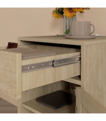 HOMCOM Bedside Table with Rattan Drawer, Cabinet and Adjustable Shelf, Natural