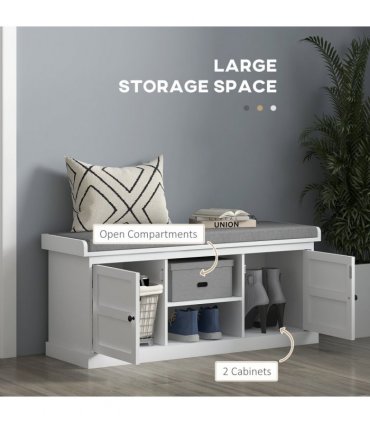 HOMCOM Shoe Storage Bench with Cushion 2 Cabinets for Entryway Hallway White