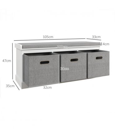 HOMCOM Shoe Bench with Cushioned Seat, 3 Fabric Drawers for Entryway Hallway