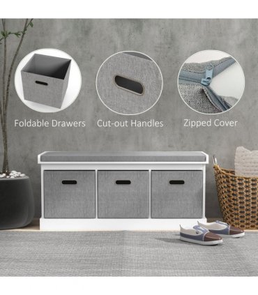HOMCOM Shoe Bench with Cushioned Seat, 3 Fabric Drawers for Entryway Hallway