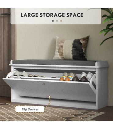 HOMCOM Shoe Bench with Flip Drawer, Cushion, 10 Pairs for Entryway White
