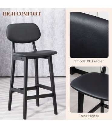 HOMCOM Breakfast Bar stools Set of 2 with PU Leather Cover, Wood Legs, Black