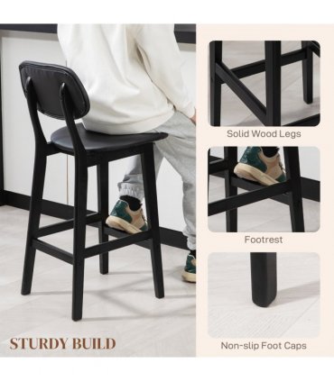 HOMCOM Breakfast Bar stools Set of 2 with PU Leather Cover, Wood Legs, Black