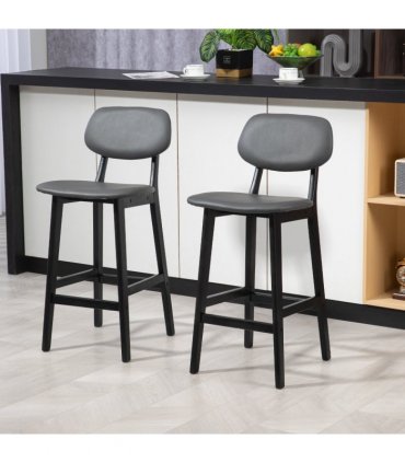 HOMCOM Breakfast Bar stools Set of 2 with PU Leather Cover, Wood Legs, Dark Grey