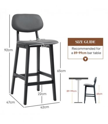 HOMCOM Breakfast Bar stools Set of 2 with PU Leather Cover, Wood Legs, Dark Grey
