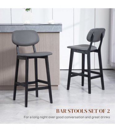 HOMCOM Breakfast Bar stools Set of 2 with PU Leather Cover, Wood Legs, Dark Grey