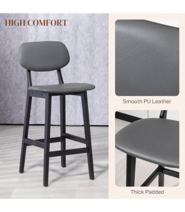 HOMCOM Breakfast Bar stools Set of 2 with PU Leather Cover, Wood Legs, Dark Grey