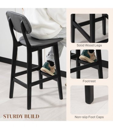 HOMCOM Breakfast Bar stools Set of 2 with PU Leather Cover, Wood Legs, Dark Grey