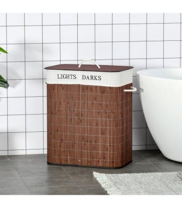 HOMCOM 2 Section Collapsible Laundry Hamper Lid Removable Lining, Brown