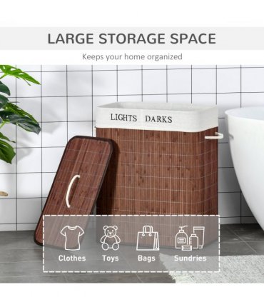 HOMCOM 2 Section Collapsible Laundry Hamper Lid Removable Lining, Brown