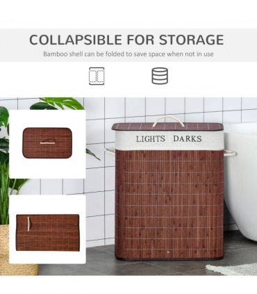 HOMCOM 2 Section Collapsible Laundry Hamper Lid Removable Lining, Brown