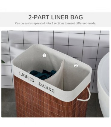 HOMCOM 2 Section Collapsible Laundry Hamper Lid Removable Lining, Brown