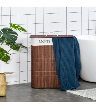 HOMCOM 2 Section Collapsible Laundry Hamper Lid Removable Lining, Brown