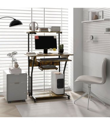 HOMCOM Rolling Computer Desk with Keyboard Tray Storage Shelves Rustic Brown