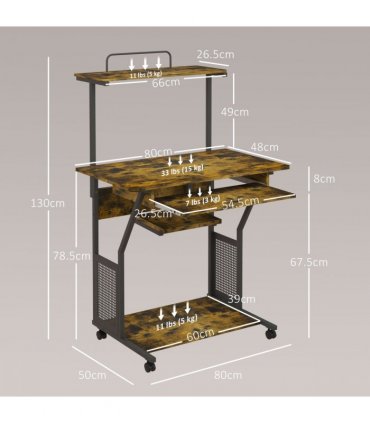HOMCOM Rolling Computer Desk with Keyboard Tray Storage Shelves Rustic Brown