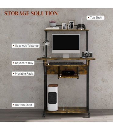 HOMCOM Rolling Computer Desk with Keyboard Tray Storage Shelves Rustic Brown