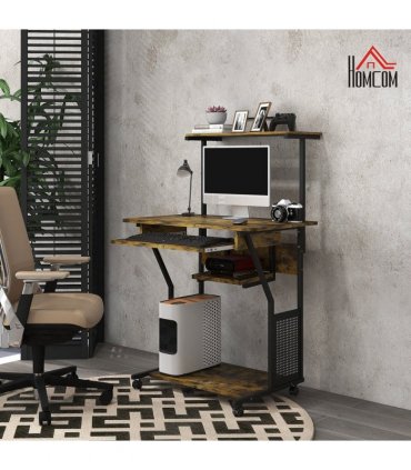 HOMCOM Rolling Computer Desk with Keyboard Tray Storage Shelves Rustic Brown
