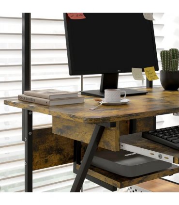 HOMCOM Rolling Computer Desk with Keyboard Tray Storage Shelves Rustic Brown